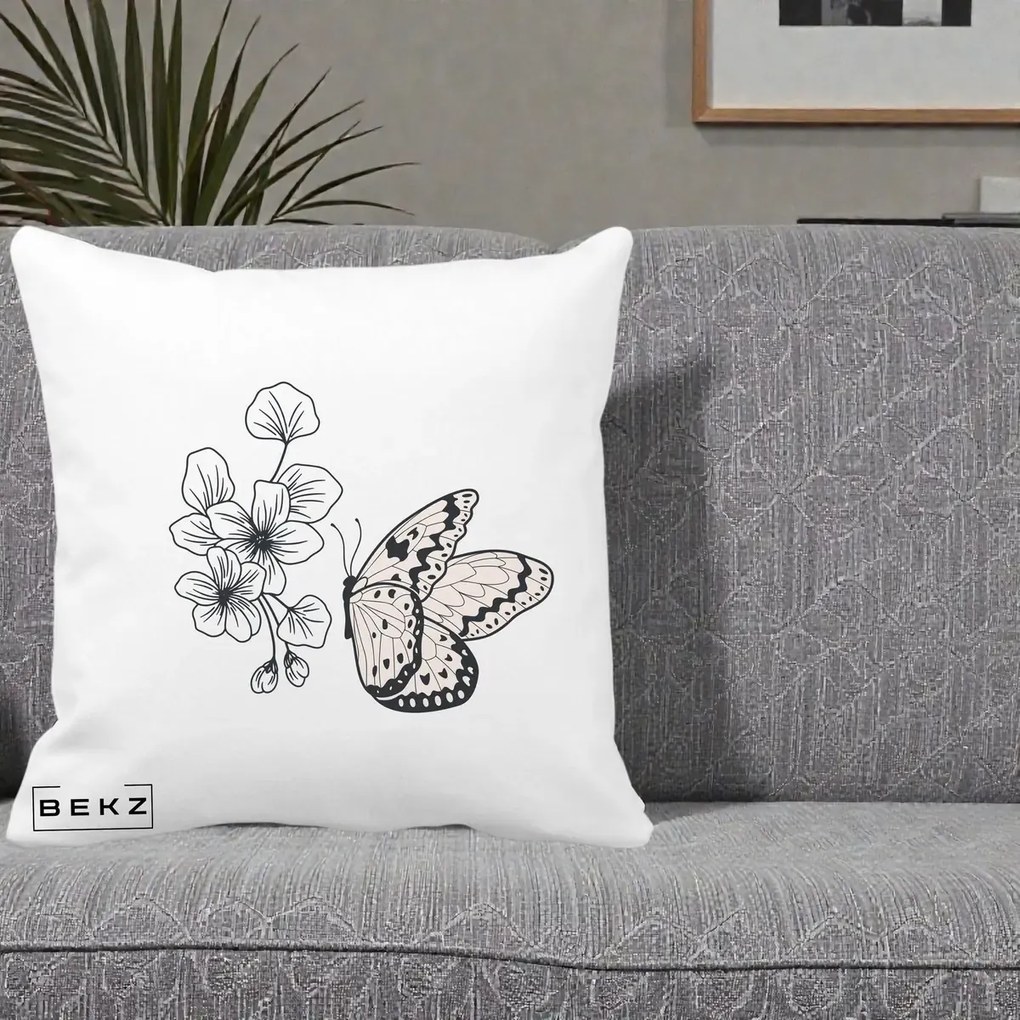 Perna Decorativa Fluture si Flori Linie Monocroma, 40x40 cm, Alba Mata, Husa Detasabila, Perna Inclusa, BEKZ®