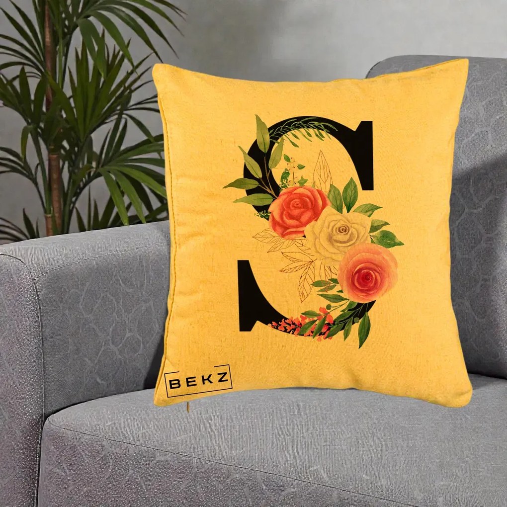 Cadou Personalizat - Perna Personalizata Monograma Florala Litera S, 40x40 cm, Galben, Husa Detasabila, Perna Inclusa, BEKZ®