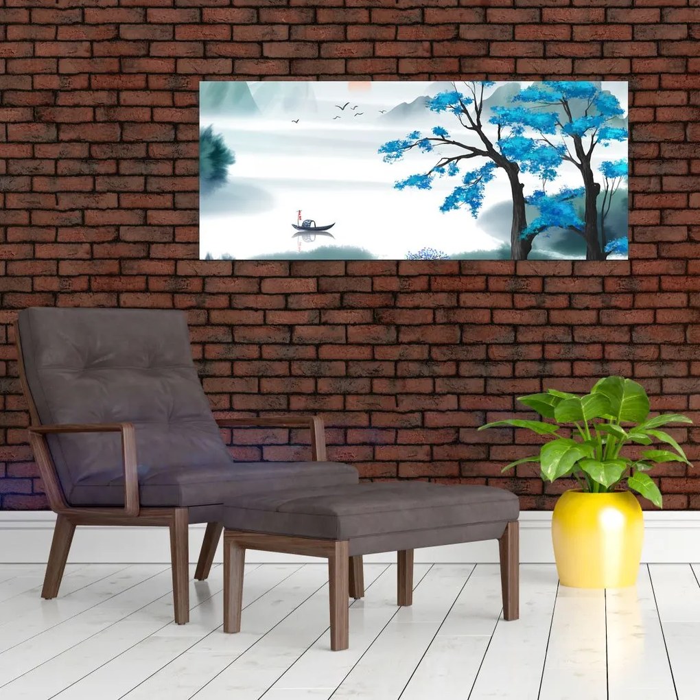 Tablou - Pictură, lac cu barcă (120x50 cm)