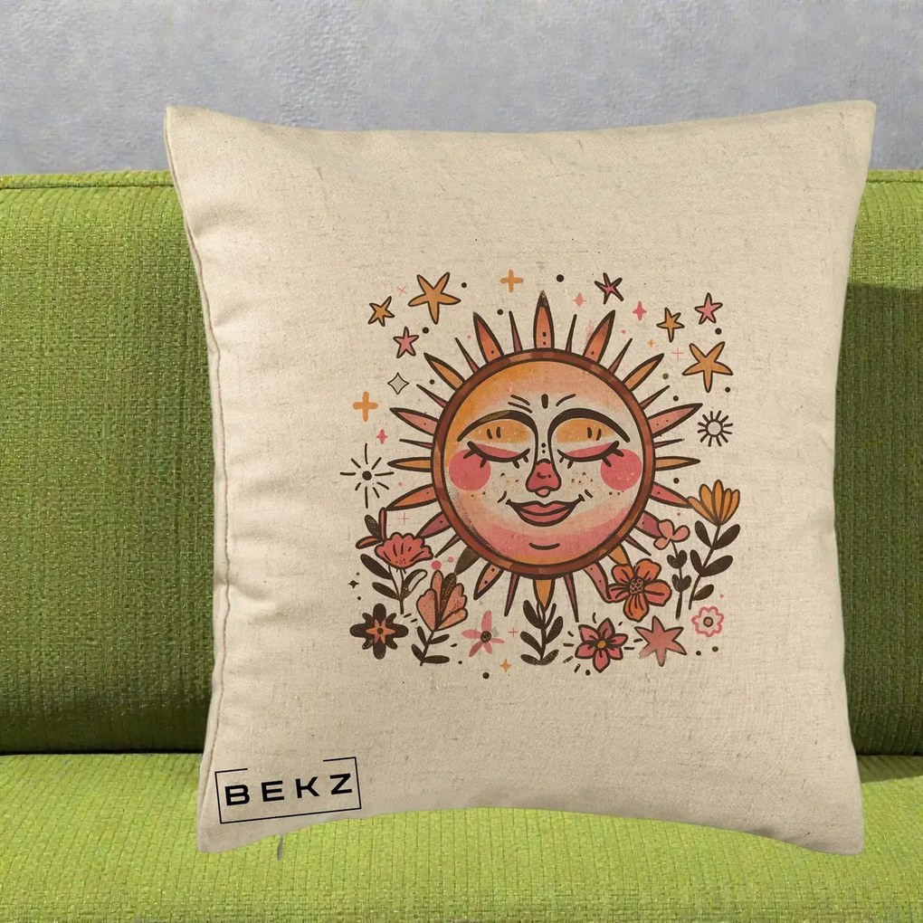Perna Decorativa Soare Retro Boho Floral, 40x40 cm, Bej, Husa Detasabila, Perna Inclusa, BEKZ®