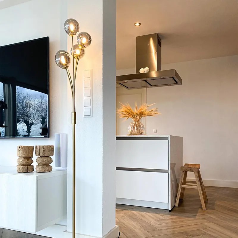 Lampa de podea moderna aurie cu 5 lumini cu sticla fumurie - Atena