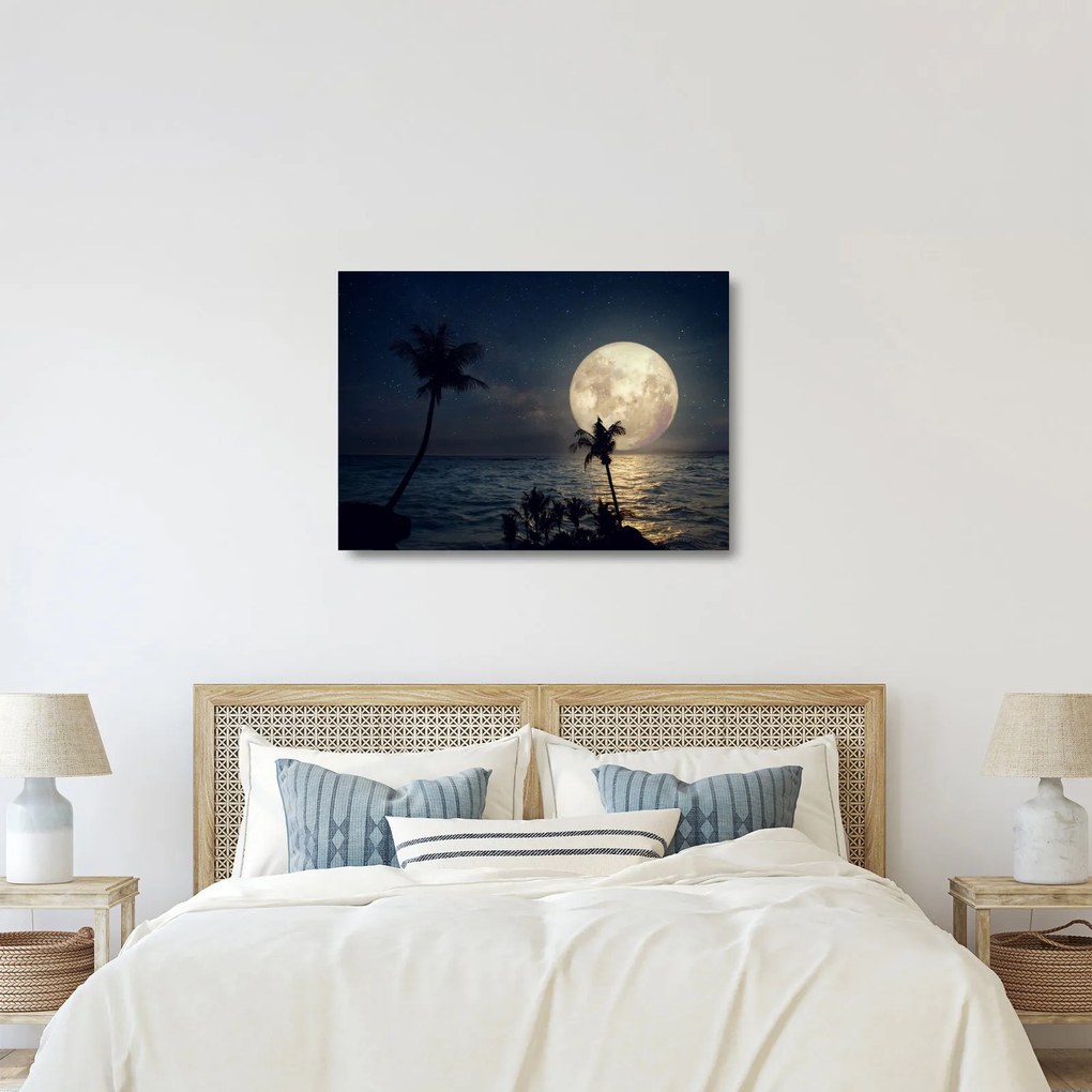Tablou pe sticlă - Plajă cu lună plină (70x50 cm)