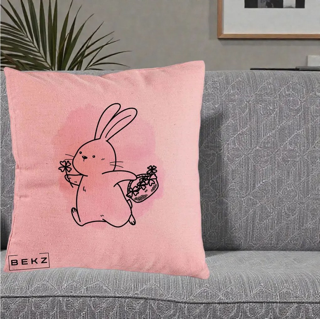 Perna Decorativa Iepuras Kawaii cu Cosulet Floral, 40x40 cm, Roz, Husa Detasabila, Perna Inclusa, BEKZ®