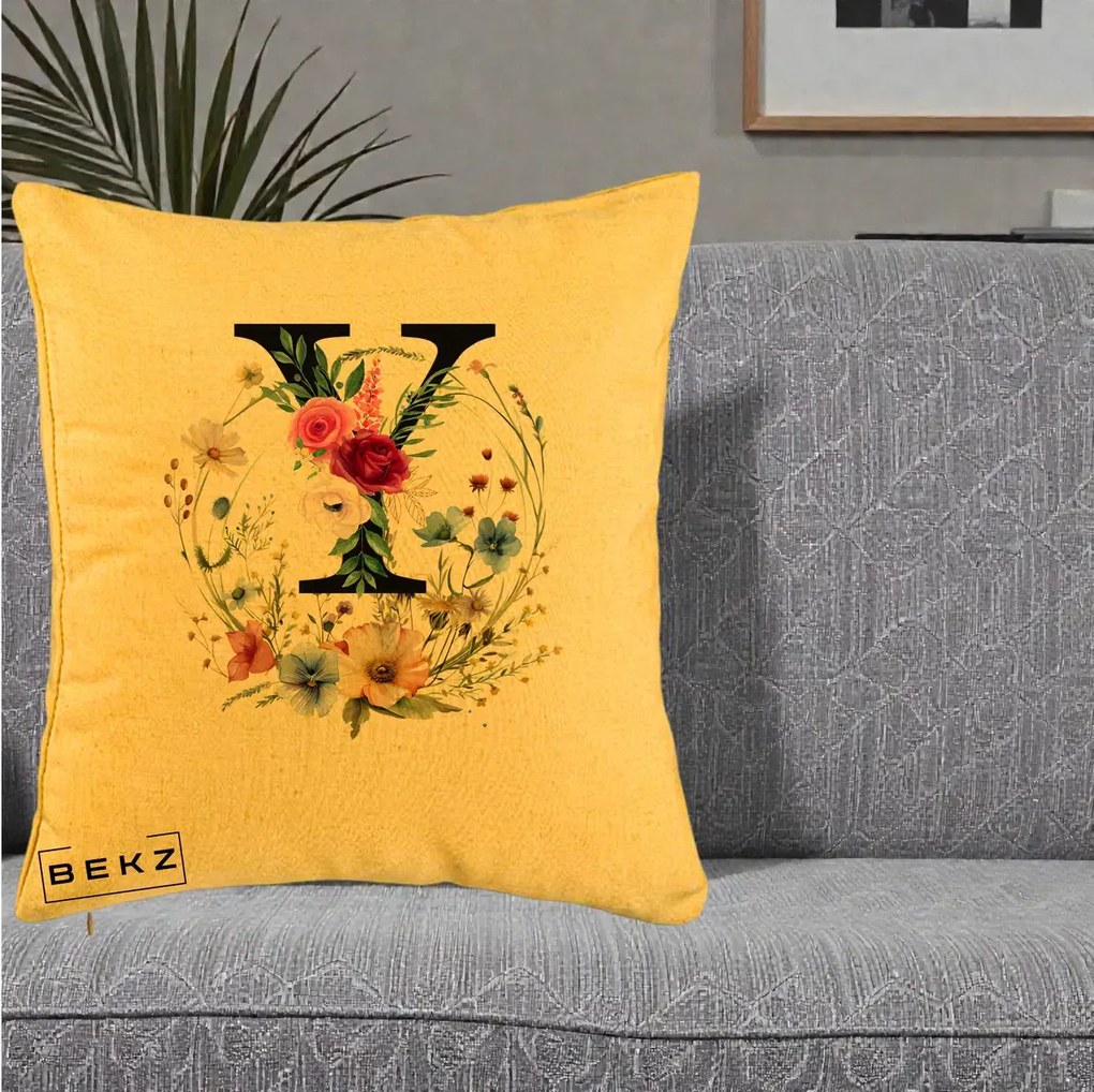 Cadou Personalizat - Perna Personalizata Monograma Florala Litera Y cu Coroana, 40x40 cm, Galben, Husa Detasabila, Perna Inclusa, BEKZ®