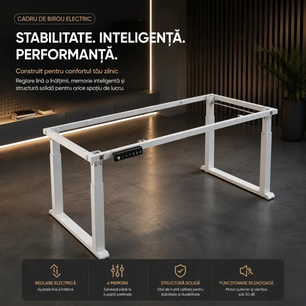 ELEVON ST01 - Cadru electric reglabil pentru birou, 2 motoare, înălțime reglabilă 70–114 cm, structură extensibilă 112–165 cm, 4 memorii, senzor anti-coliziune, funcționare silențioasă, Alb