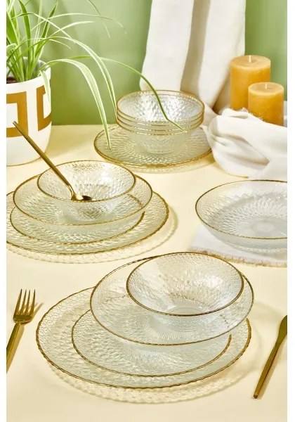 Set de masă, 24 piese, sticlă transparentă/auriu