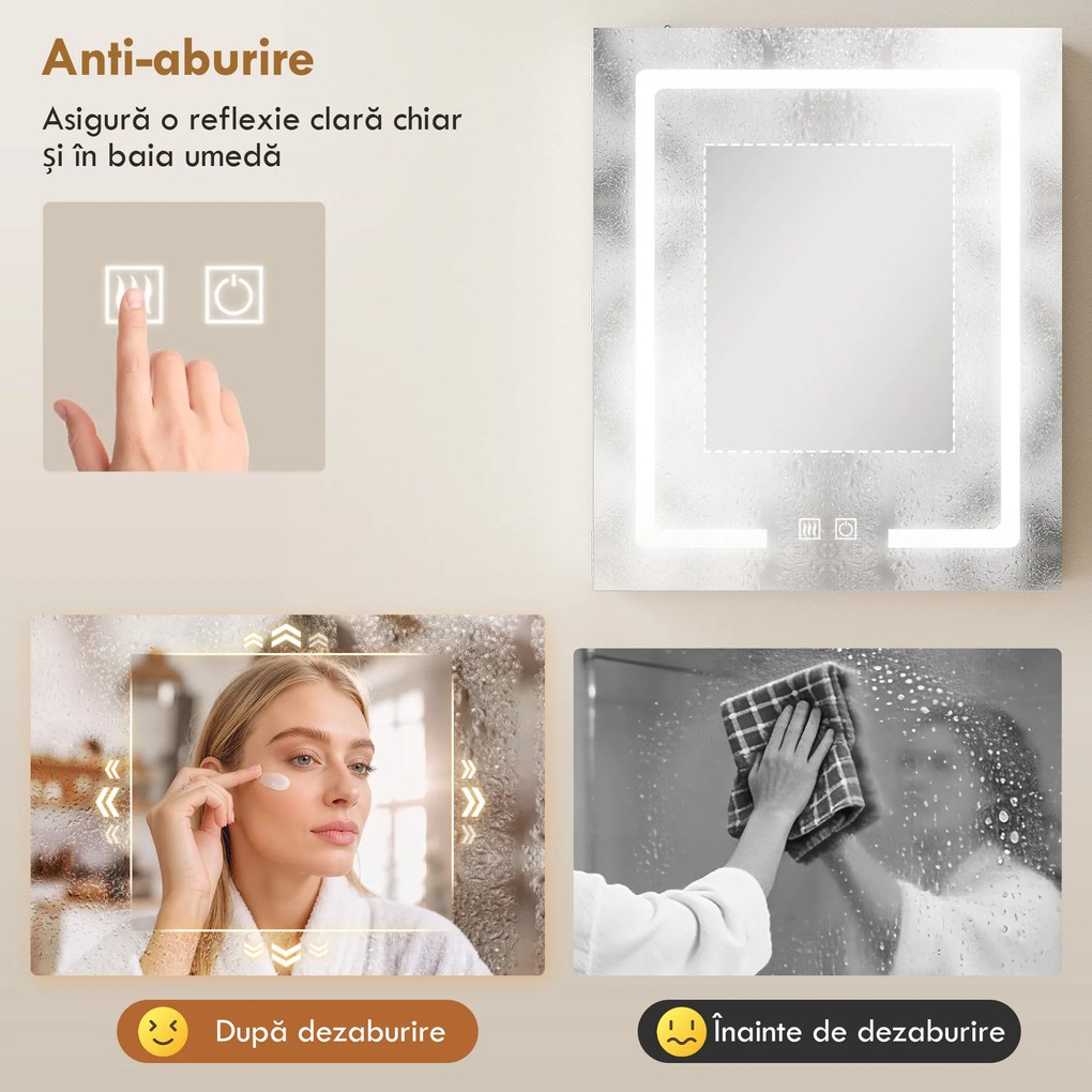 HOMCOM Dulap Baie cu Oglindă și LED, 50x15x60 cm, Anti-Aburire, Rafturi Reglabile, 3 Temperatură de Lumină, Dulap Suspendat din MDF, Alb | Aosom Romania