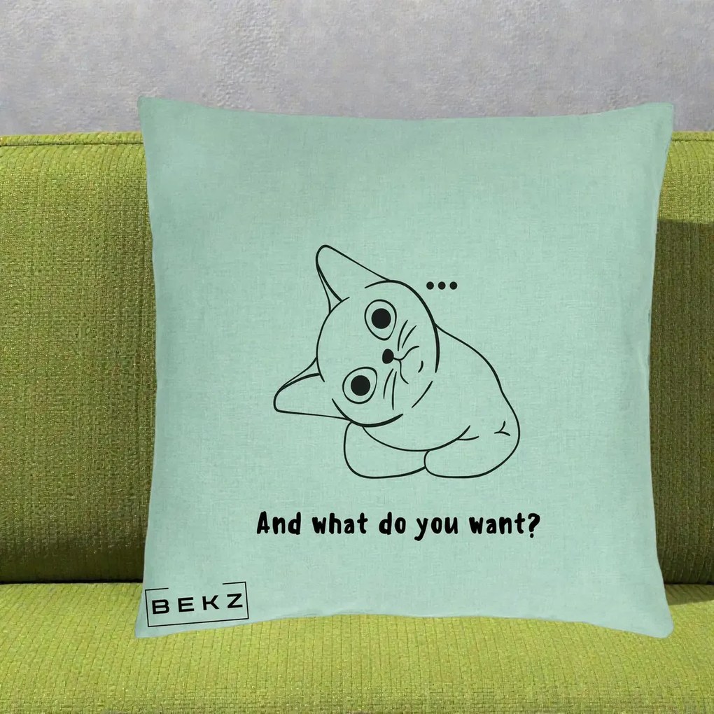 Perna Decorativa And What Do You Want Cat, 40x40 cm, Verde Menta, Husa Detasabila, Perna Inclusa, BEKZ®