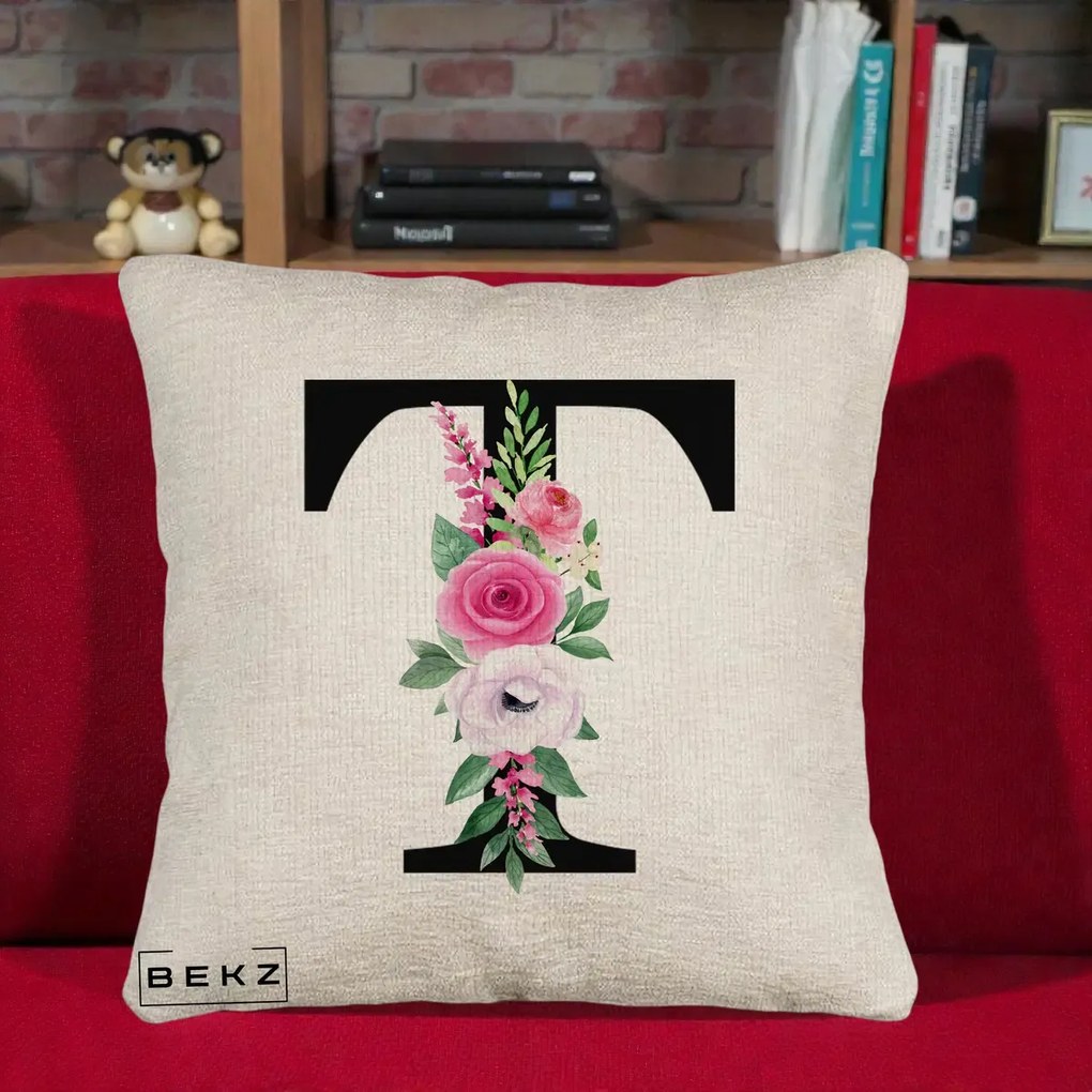 Cadou Personalizat - Perna Personalizata Monograma Florala Litera T, 40x40 cm, Bej Canapea, Husa Detasabila, Perna Inclusa, BEKZ®