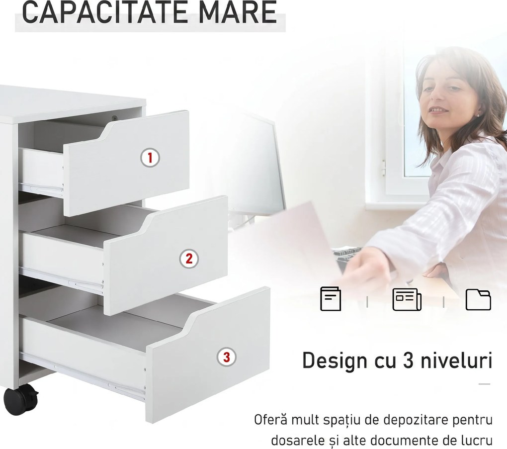 HOMCOM Dulăpior de Birou cu 3 Sertare, Mânere Ascunse, Dulăpior de Birou pe 4 Rotile, 40x50x57,5 cm, Alb | Aosom Romania