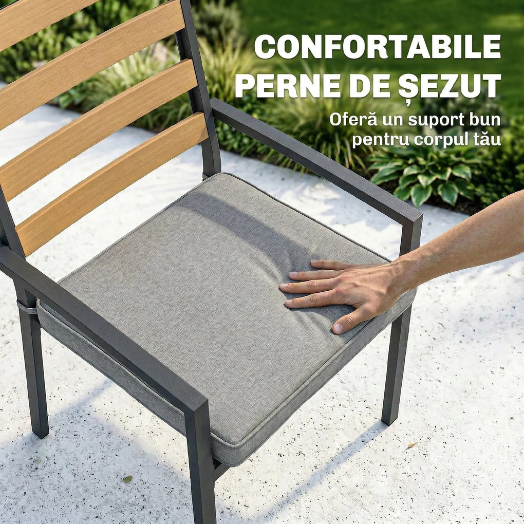 Outsunny Set Masă și Scaune de Grădină 7 Piese, Set pentru Prânz în Aer Liber cu Masă Dreptunghiulară din Sticlă Securizată, 6 Scaune, Perne, Cadru din Oțel Zincat pentru Terasă Balcon, Negru | Aosom Romania