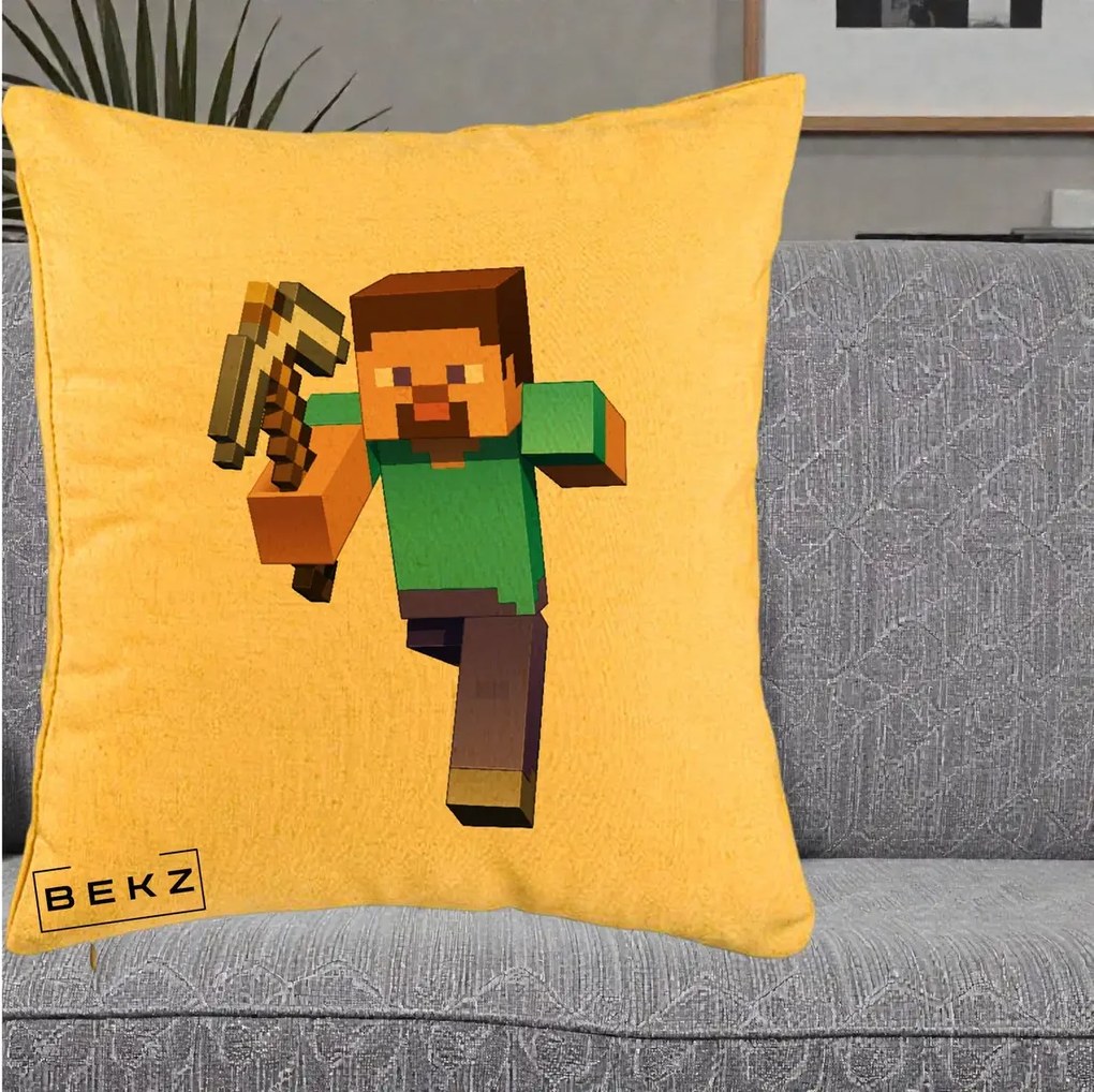 Perna Personalizata Minecraft Steve, 40x40 cm, Galben, Husa Detasabila, Perna Inclusa, BEKZ®