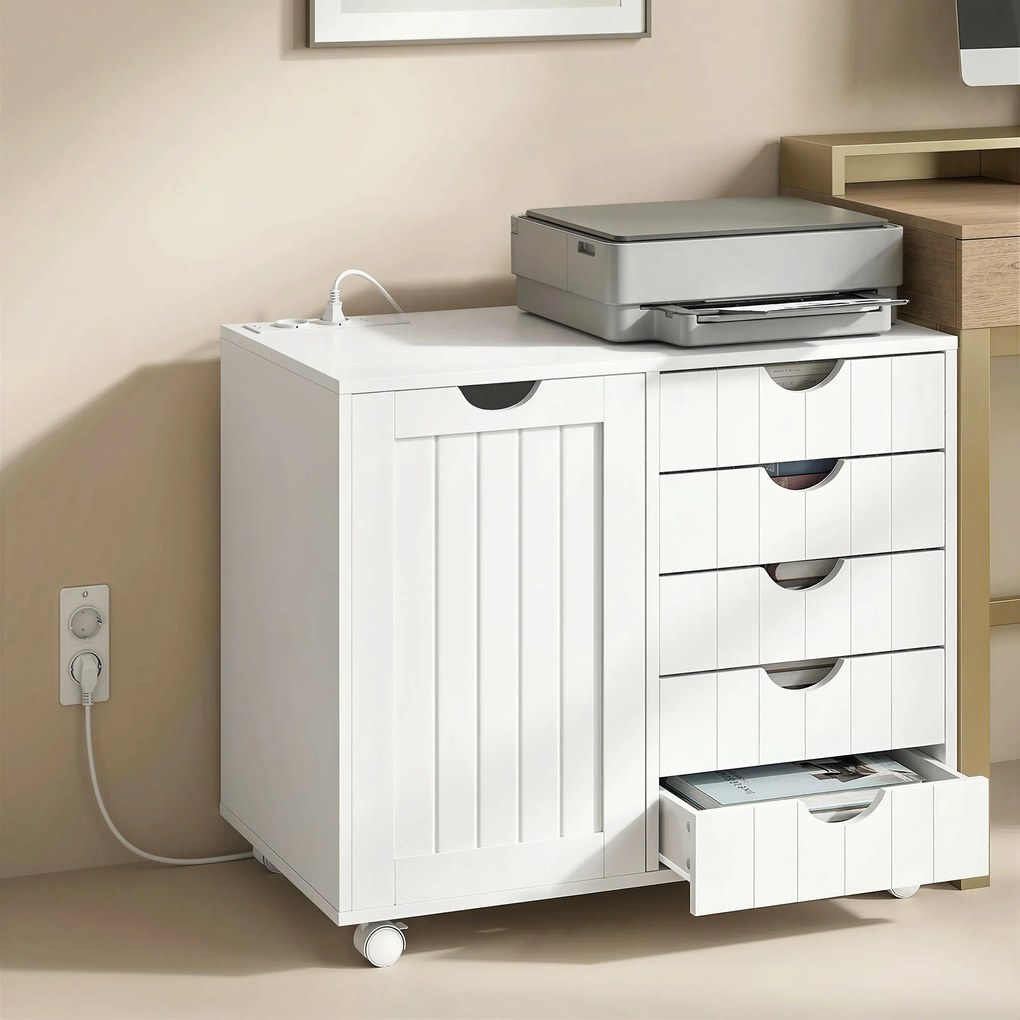HOMCOM Mobilier pentru imprimantă cu stație de încărcare și roți 5 sertare porturi USB poliță reglabilă alb | Aosom Romania