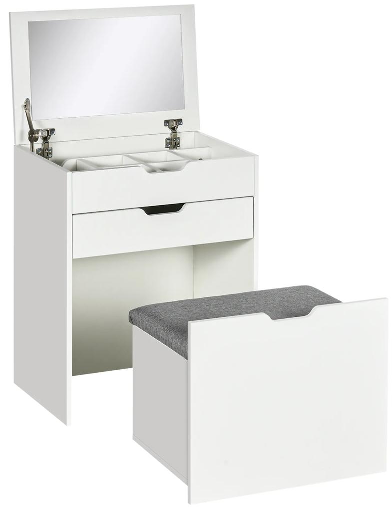 HOMCOM Masa de toaleta pentru dormitor cu oglinda si scaun asortat, masa de machiaj cu compartiment ascuns si sertar din lemn, alb | AOSOM RO
