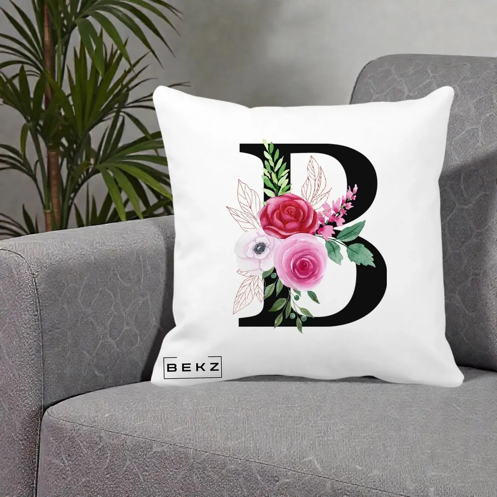 Cadou Personalizat - Perna Personalizata Monograma Florala Litera B, 40x40 cm, Alba Mata, Husa Detasabila, Perna Inclusa, BEKZ®