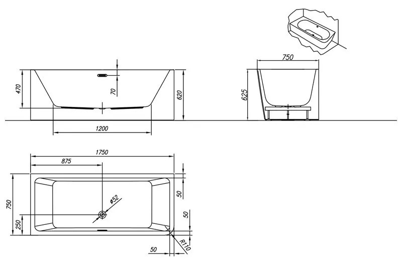 Cada dreptunghiulara, Kolpasan, Elektra-SP-D, montaj pe dreapta, 175 x 75 cm, alb