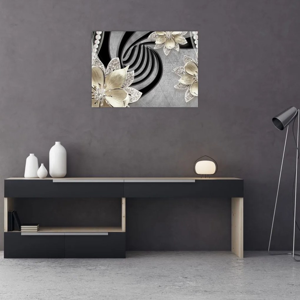 Tablou pe sticlă - 3D Flori aurii (70x50 cm)