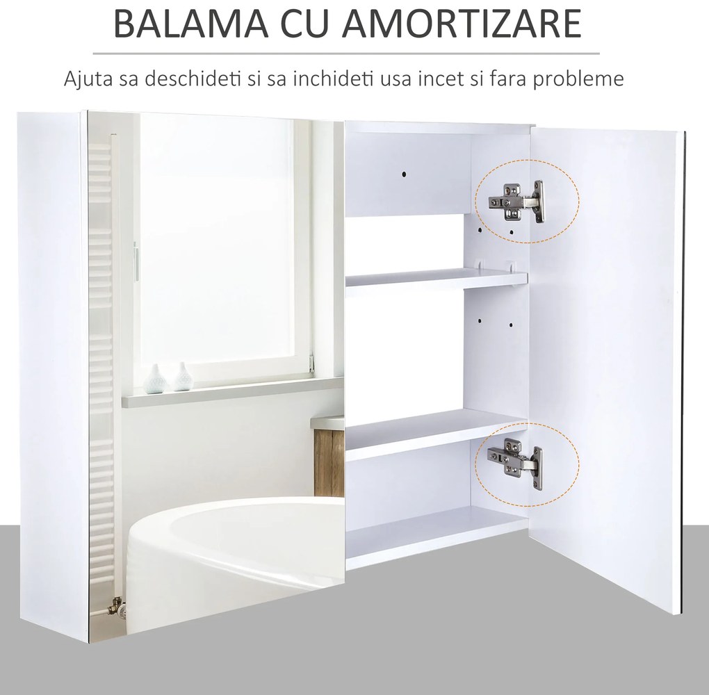 HOMCOM Dulapior de Baie cu Oglinda si 3 Rafturi din MDF Alb 80 x 60 x 15cm | Aosom Romania