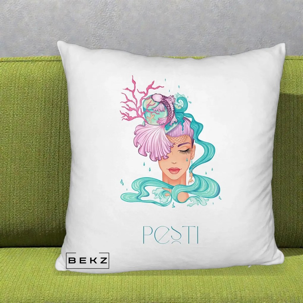 Perna Personalizata Zodiac Pesti Cowgirl, 40x40 cm, Alb Pufos, Husa Detasabila, Perna Inclusa, BEKZ®