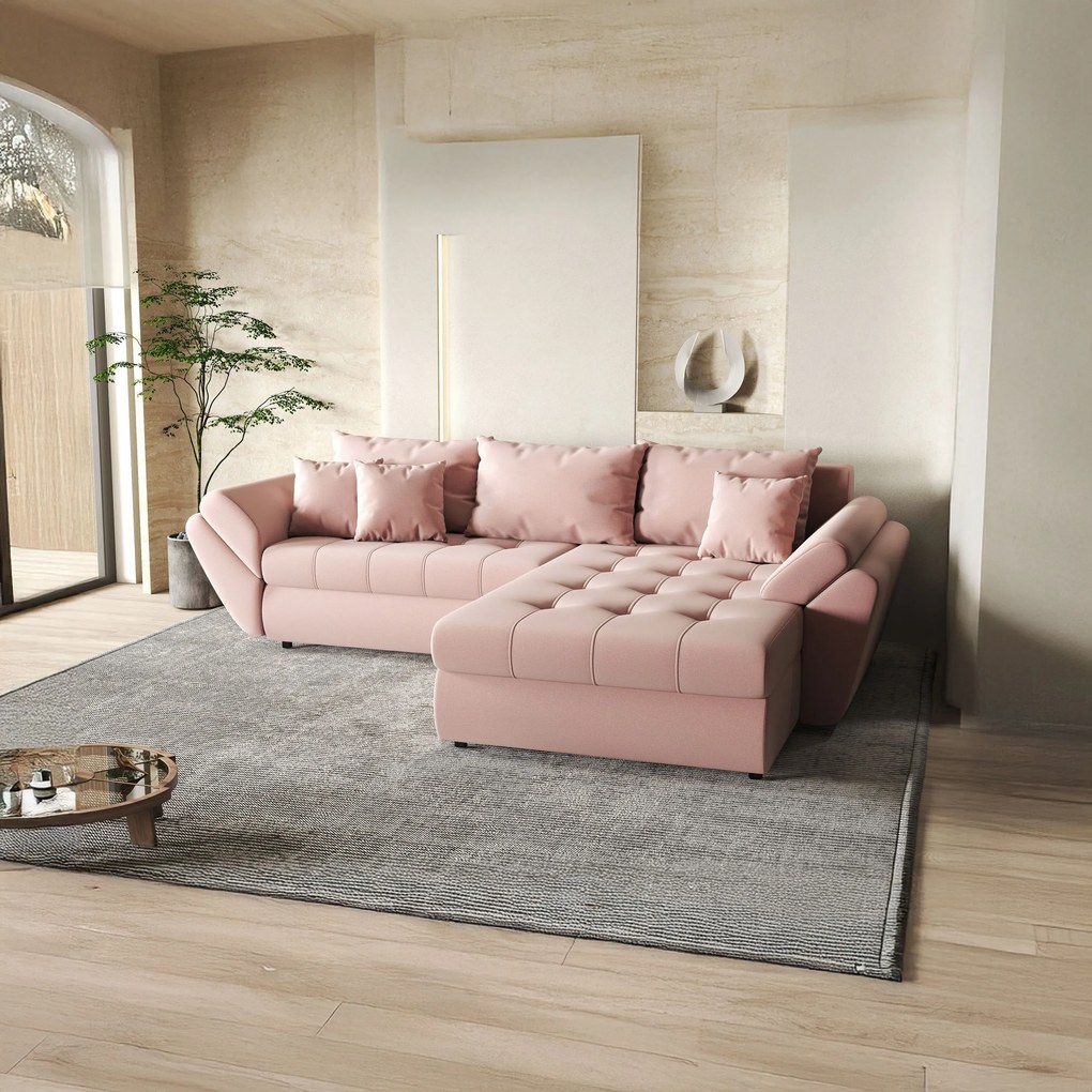 Colțar extensibil dumonde cu ladă de depozitare si sezut confortabil din spuma high-density, Loana Royal Pink II 270x185 cm