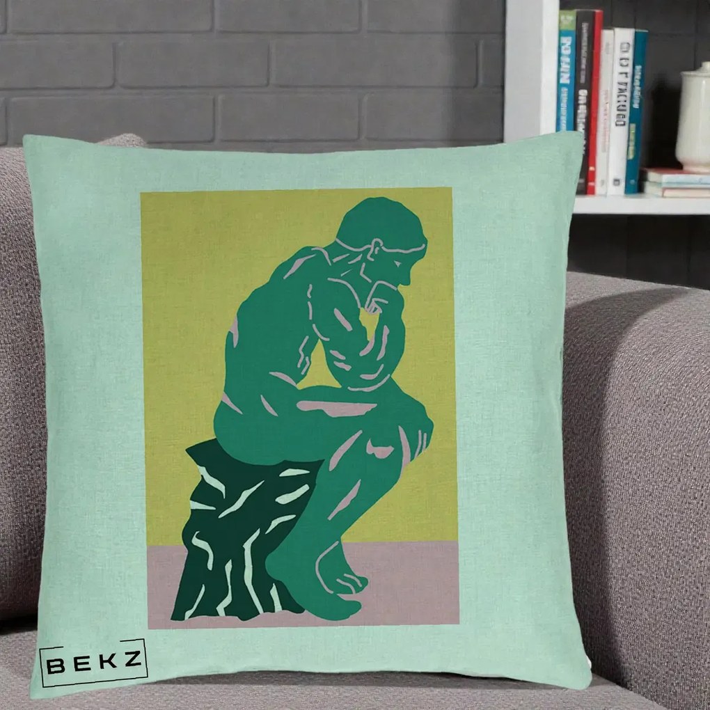 Perna Decorativa Ganditorul Sculptura Pop Art, 40x40 cm, Verde Menta, Husa Detasabila, Perna Inclusa, BEKZ®