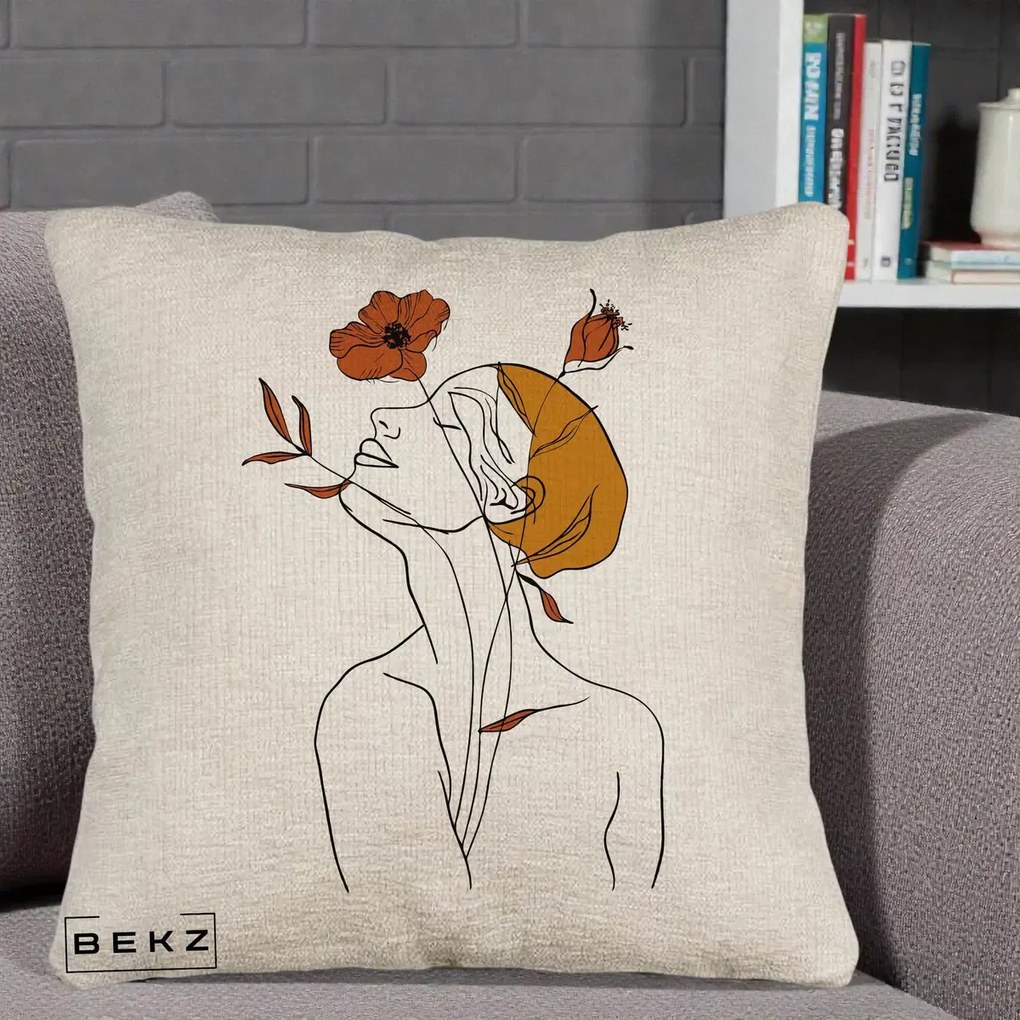 Perna Decorativa Portret Feminin Mac Privire Inalta, 40x40 cm, Bej Canapea, Husa Detasabila, Perna Inclusa, BEKZ®