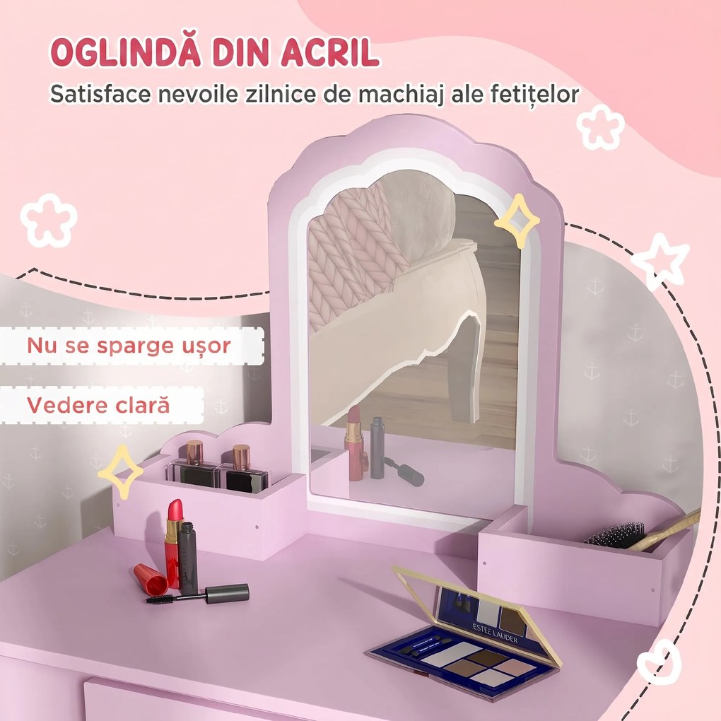 ZONEKIZ Set Toaletă pentru Copii cu Oglindă pentru Machiaj și Scaunel din Lemn Roz | Aosom Romania