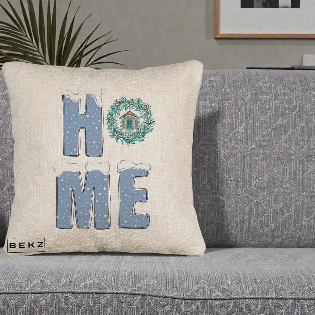 Perna Decorativa HOME Iarna cu Coroana, 40x40 cm, Bej Canapea, Husa Detasabila, Perna Inclusa, BEKZ®