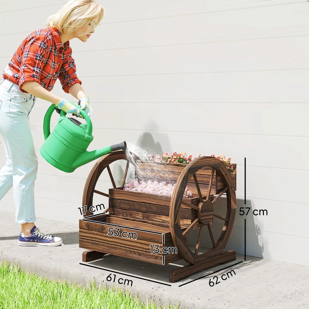 Outsunny Jardinieră de Exterior cu 3 Niveluri și Roți Decorative, din Lemn de Brad cu Orificii de Drenaj, pentru Legume și Flori, pentru Balcon sau Terasă, 62x61x57 cm, Carbonizat | Aosom Romania