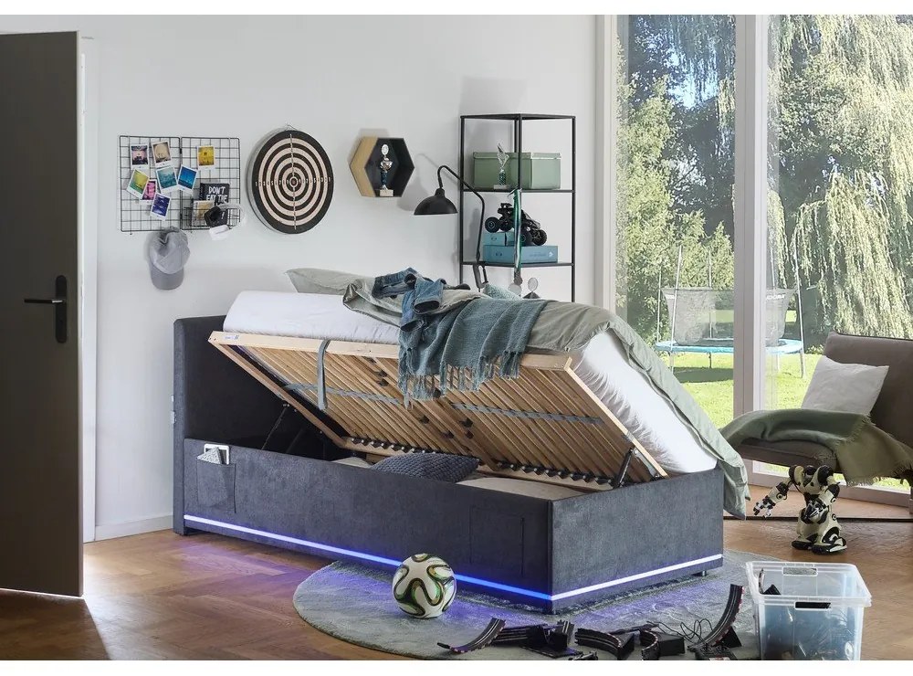 Pat pentru copii gri închis tapițat cu spațiu de depozitare cu somieră 90x200 cm Circle – Meise Möbel