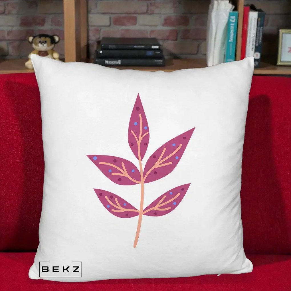 Perna Decorativa Ramura Botanica Mov, 40x40 cm, Alb Pufos, Husa Detasabila, Perna Inclusa, BEKZ®