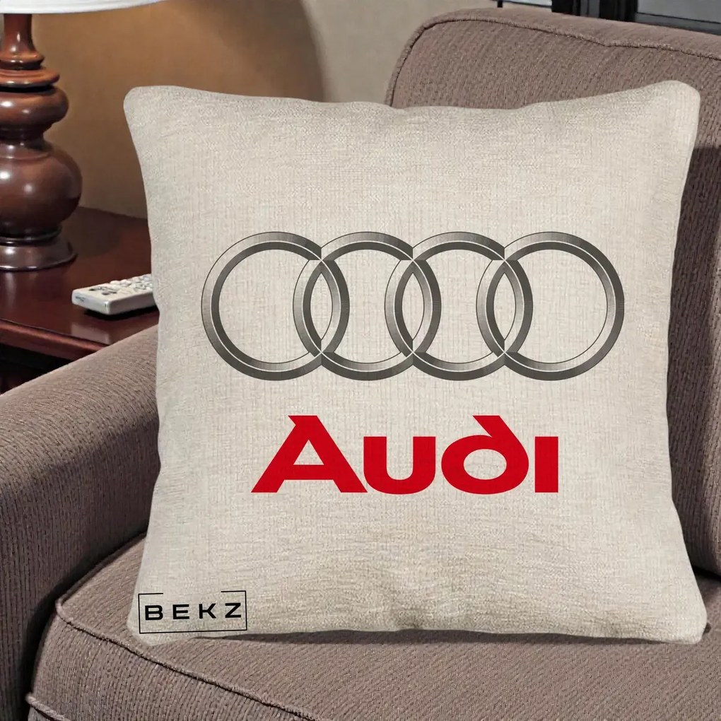 Perna Personalizata cu emblema Audi, 40x40 cm, Bej Canapea, Husa Detasabila, Perna Inclusa, BEKZ®