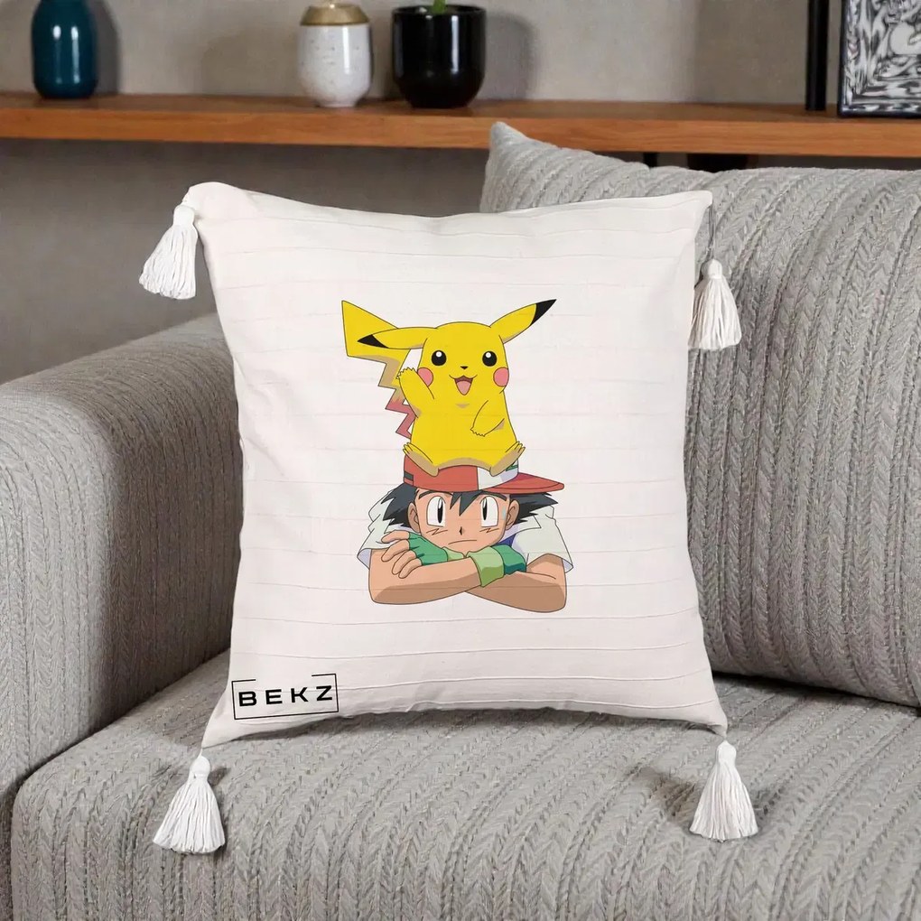 Perna Personalizata Ash si Pikachu, 40x40 cm, Bej cu Franjuri, Husa Detasabila, Perna Inclusa, BEKZ®