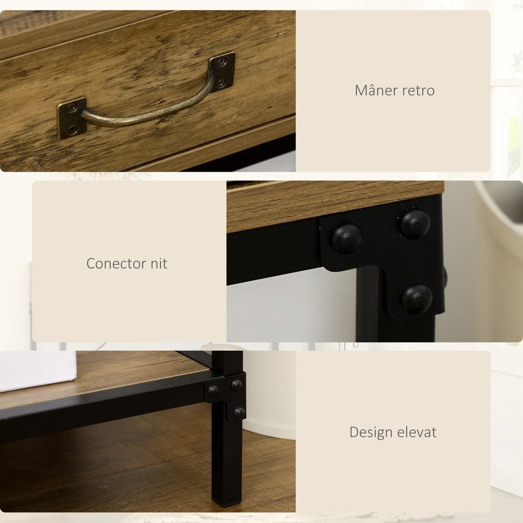 Masă Consolă Vintage HOMCOM din Metal și Lemn, Design Elegant cu 2 Sertare și Raft, Maro, pentru Living, Sufragerie | Aosom Romania