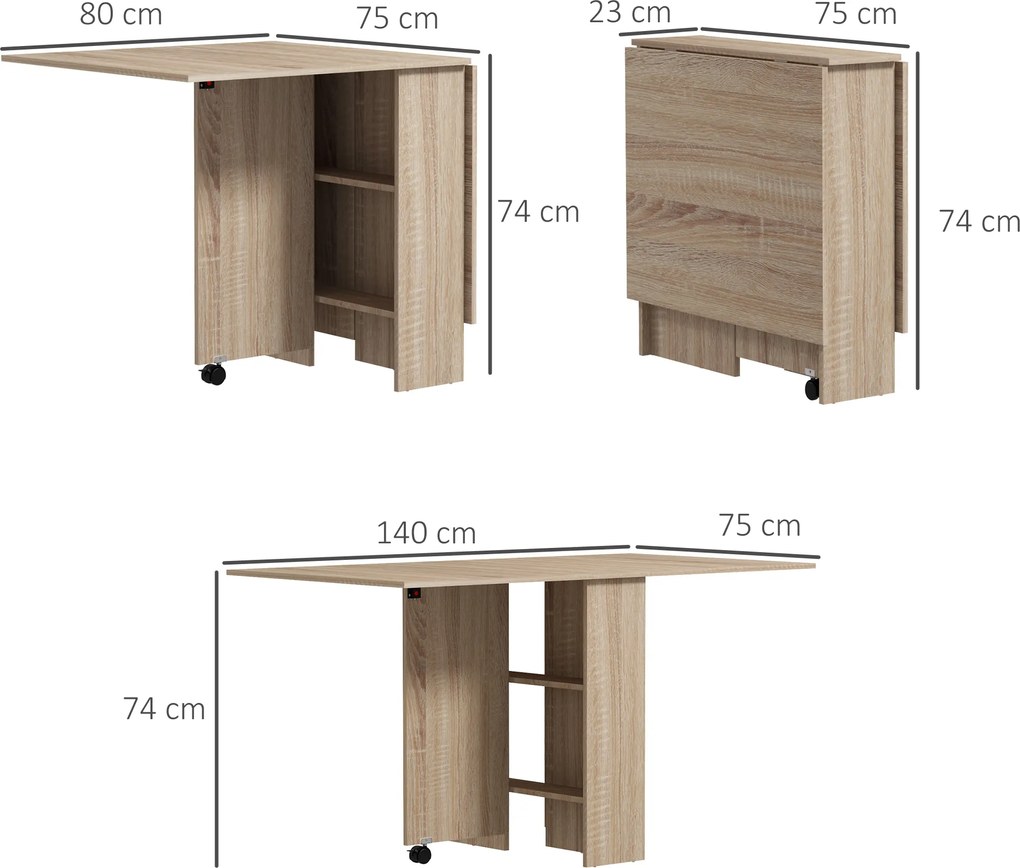 HOMCOM Masă Pliabilă Multifuncțională, Rafturi și Rotile, Bucătărie, Design Compact | Aosom Romania