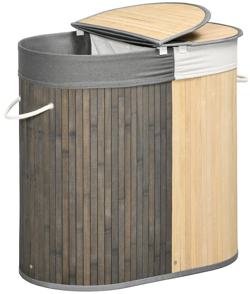 HOMCOM Cos de rufe din bambus 100L cu 2 sectiuni, capac si sac detasabil 62,5 x 37 x 60,5 cm - gri | Aosom Romania
