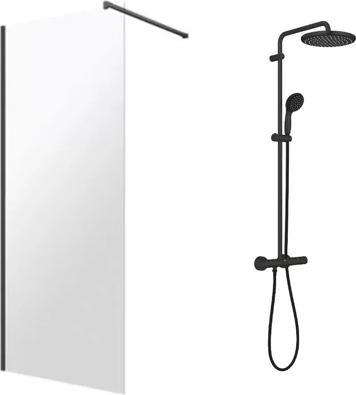 Pachet paravan dus Walk-In Omnires Marina negru 100x200 cm si coloana de dus Grohe Vitalio Start negru