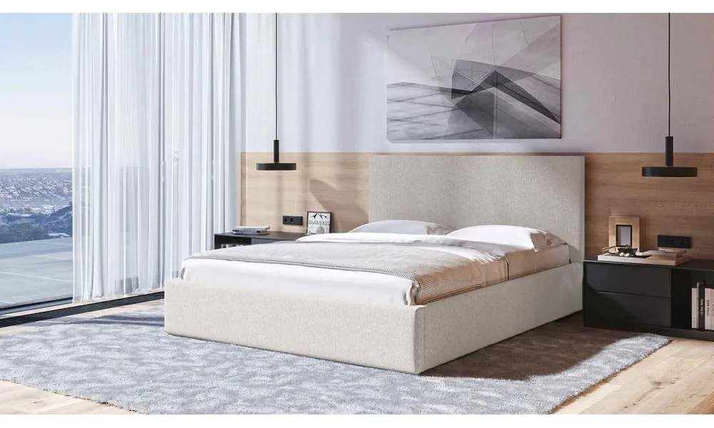 Pat matrimonial bej tapițat cu spațiu de depozitare cu somieră 180x200 cm Bufo Bed – MESONICA