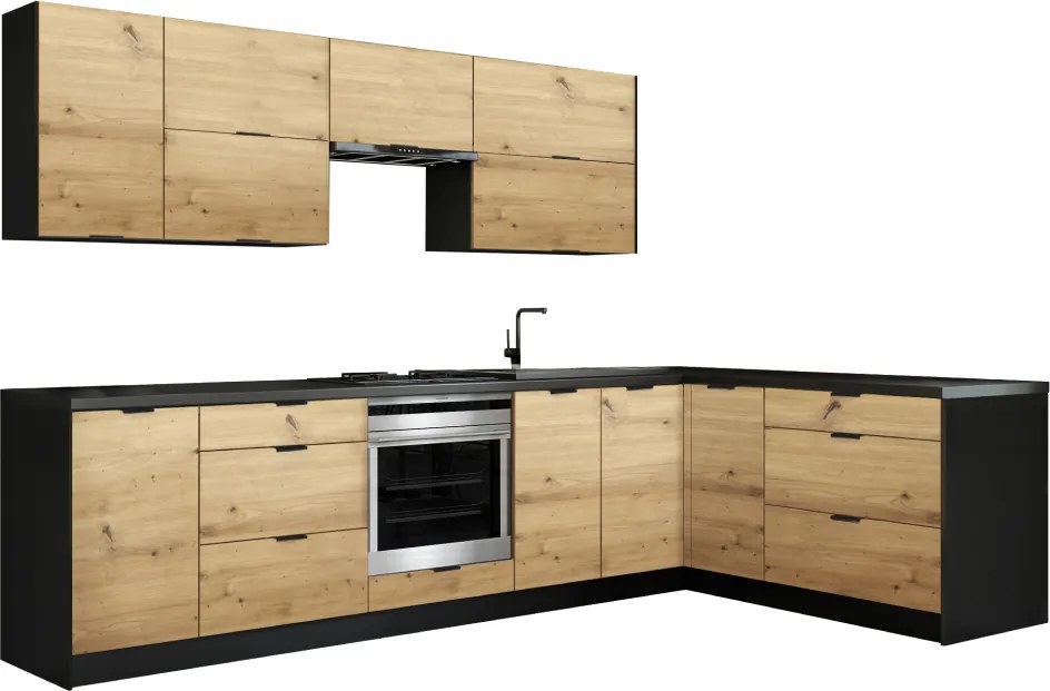 Mobilier de bucătărie universal colţar, 300x180, stejar artizan/negru, NOLDIC