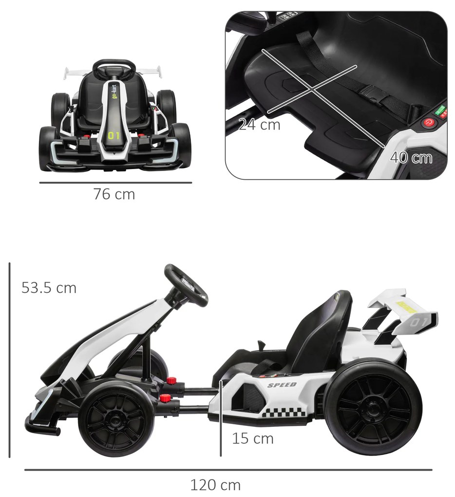 Kart electric pentru copii cu vârsta între 6-12 ani 24V 12km/h cu scaun reglabil, Drift Go-kart cu claxon, lumini, alb HOMCOM | Aosom Romania