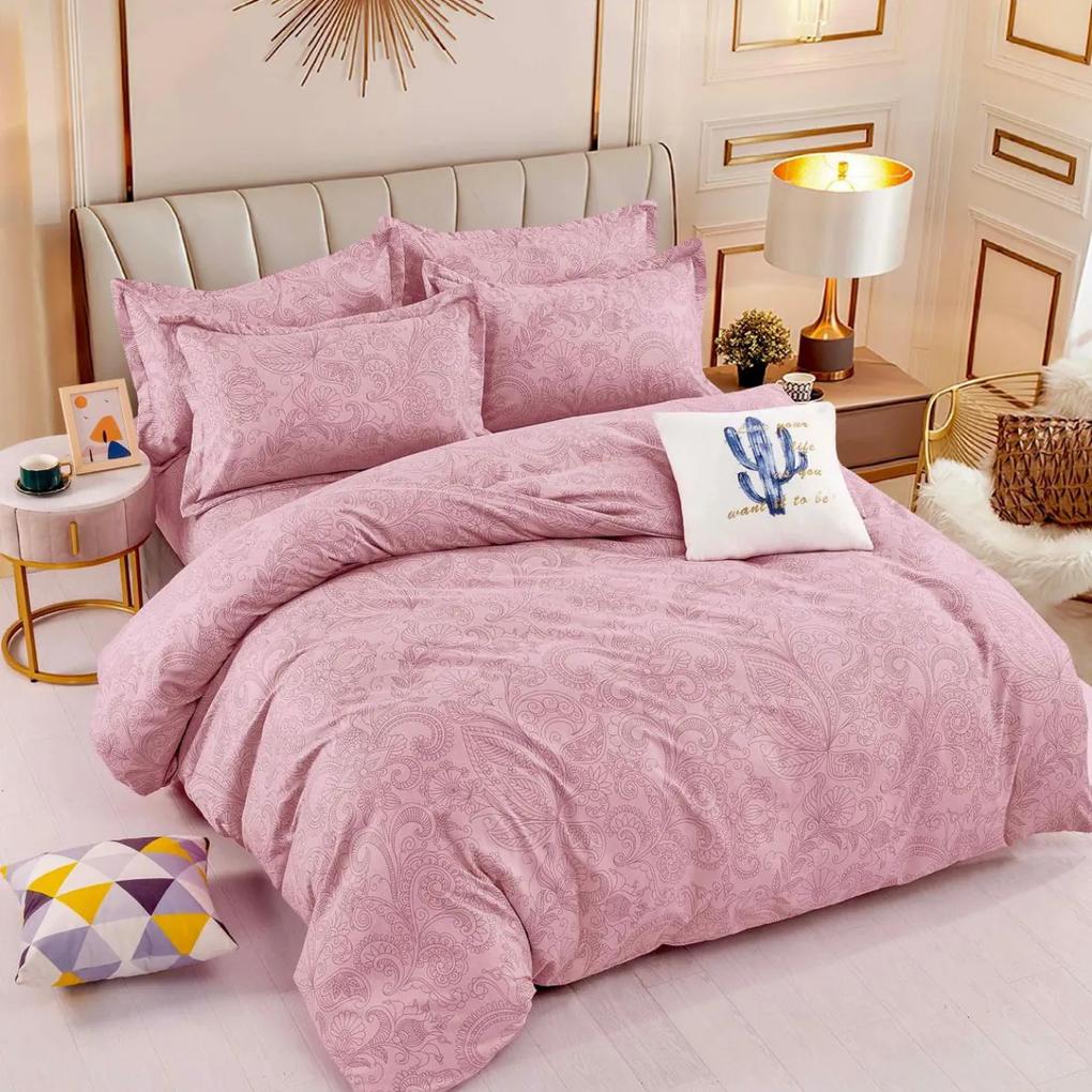 Lenjerie de pat cu 2 fete, tesatura tip finet, pat 2 persoane, roz, 6 piese, FNJ-382