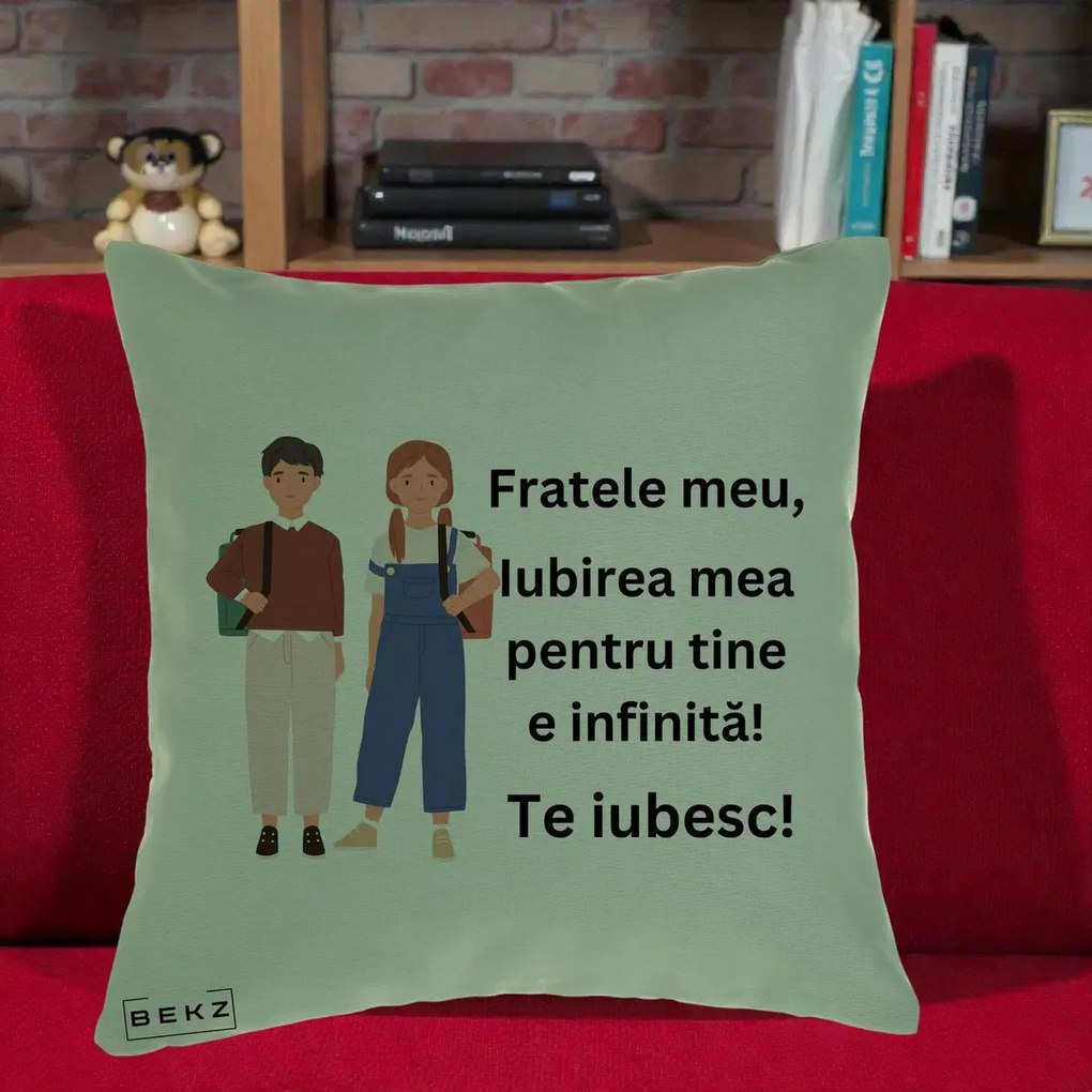 Cadou pentru Frate - Perna Personalizata Fratele Meu Te Iubesc Elevi Ilustratie Colorata, 40x40 cm, Verde, Husa Detasabila, Perna Inclusa, BEKZ®