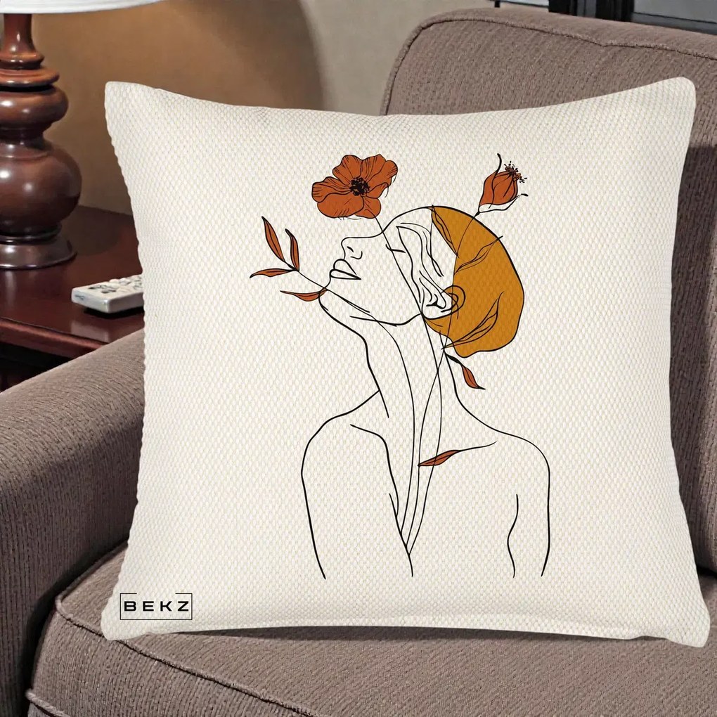 Perna Decorativa Portret Feminin Mac Privire Inalta, 40x40 cm, Crem Reliefat, Husa Detasabila, Perna Inclusa, BEKZ®