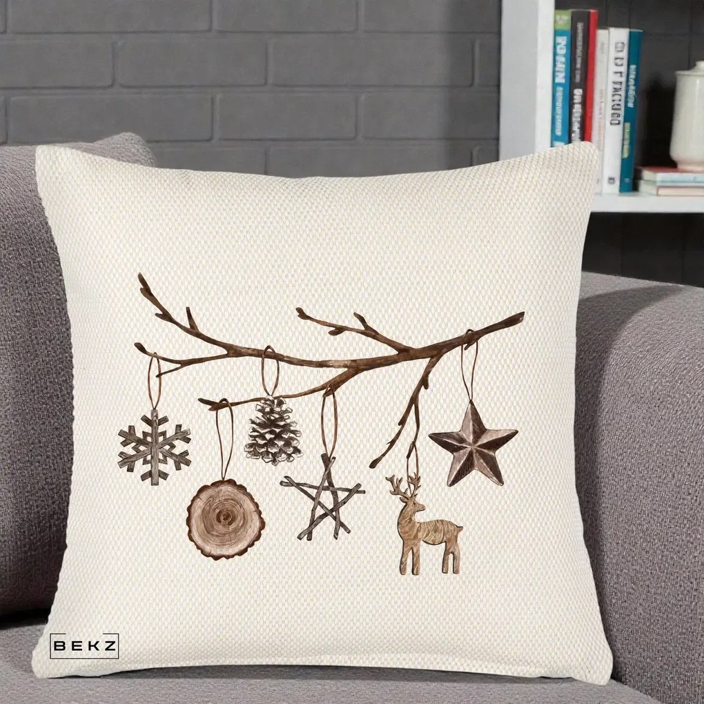 Perna Decorativa Ornamente de Lemn pe Ramura, 40x40 cm, Crem Reliefat, Husa Detasabila, Perna Inclusa, BEKZ®