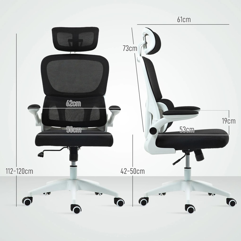 HOMCOM Scaun Birou cu Înălțime Reglabilă, Brațe Rabatabile și Tetieră, Scaun Ergonomic 62x61x112-120 cm, Negru | Aosom Romania