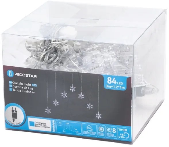 Aigostar - Instalație luminoasă LED de exterior pentru Crăciun, 84 LED / 8 funcții, 1,2 x 1 m, IP44, alb rece, cu fulgi de zăpadă