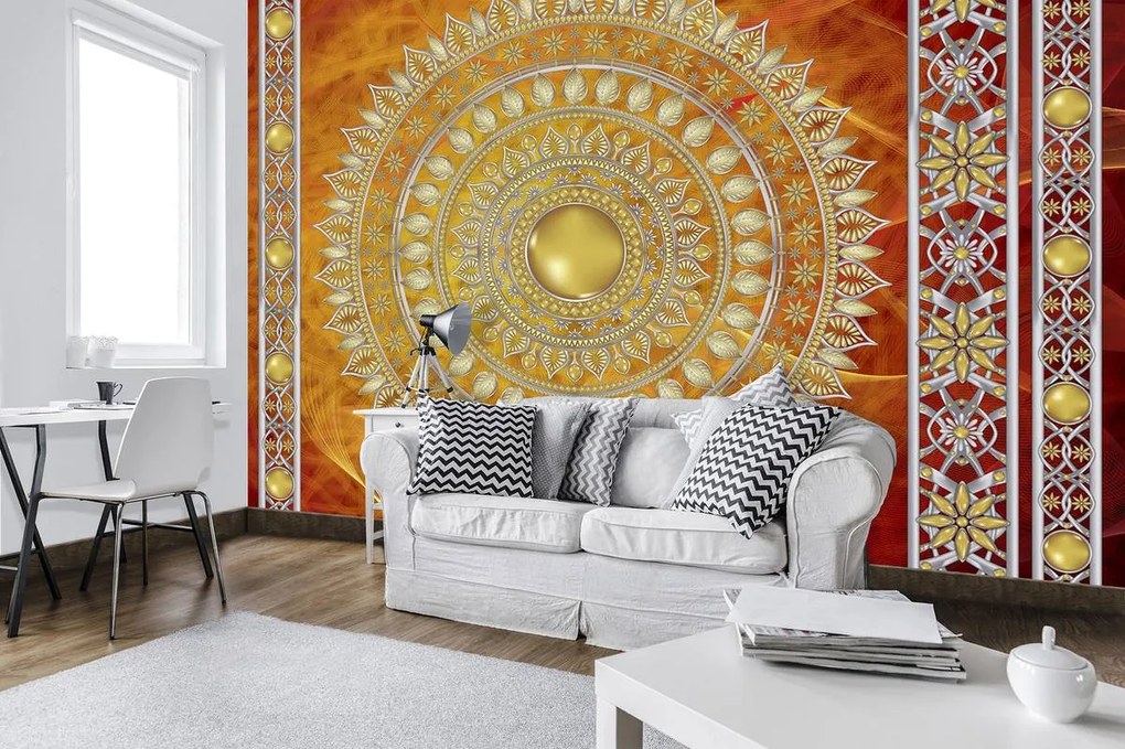 Fototapet - Mandala aurie în roșu (254x184 cm)