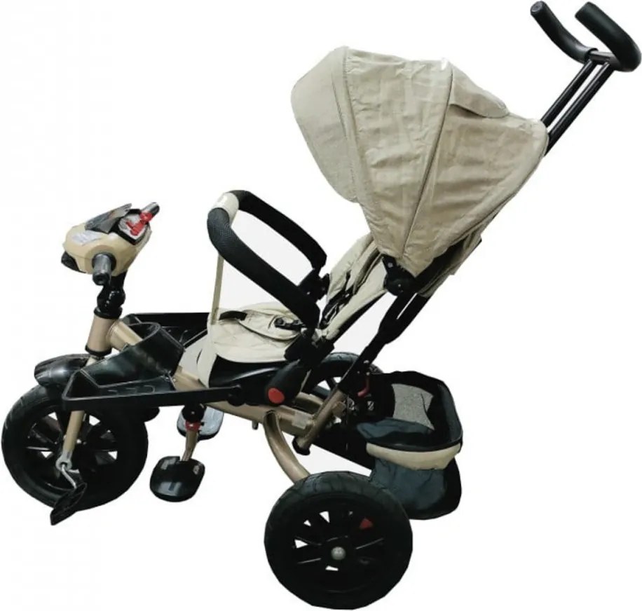 Tricicleta cu copertina NOVOKIDS Super Trike, Cu melodii si lumini, Roti din cauciuc, Pozitie somn, Scaun reversibil cu rotatie 360 grade, Crem