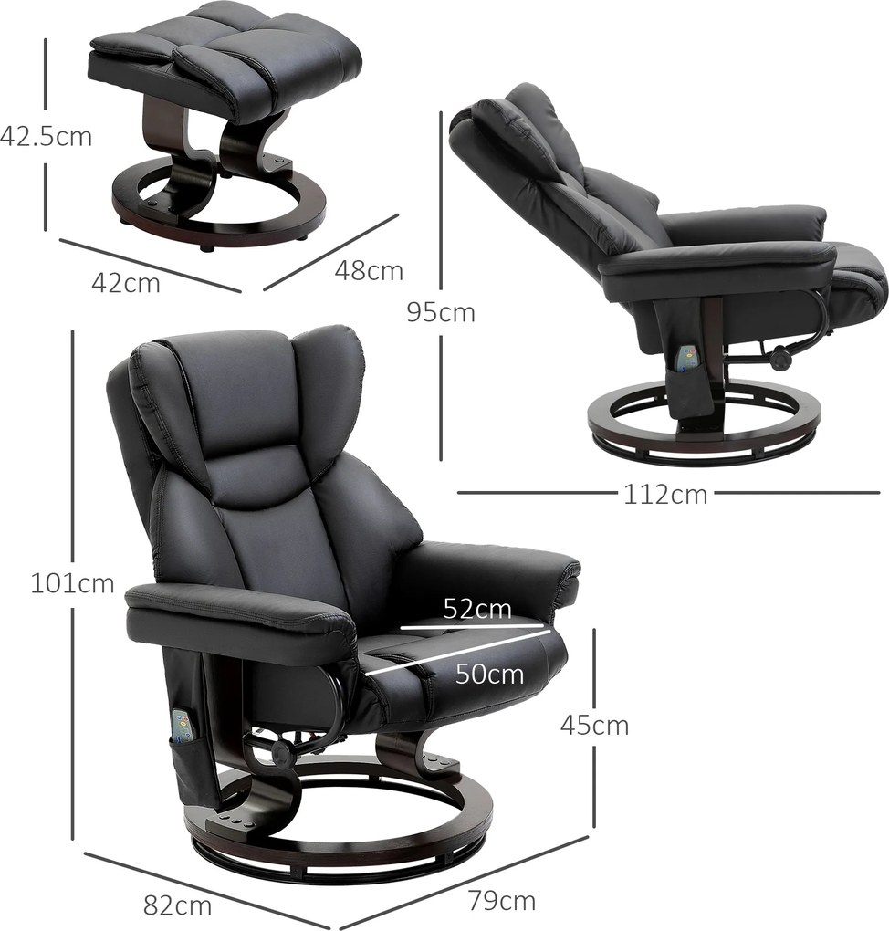 HOMCOM Scaun cu Puf Suport pentru Picioare și Funcție de Masaj, Reclinabil la 145° și Rotativ la 360°, Negru | Aosom Romania
