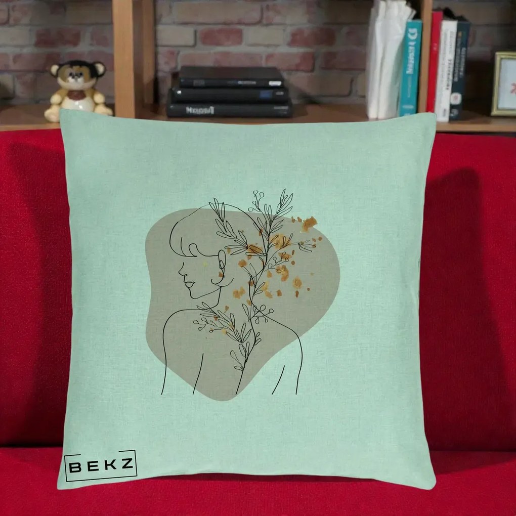 Perna Decorativa Femeie cu Flori Line Art Boho, 40x40 cm, Verde Menta, Husa Detasabila, Perna Inclusa, BEKZ®